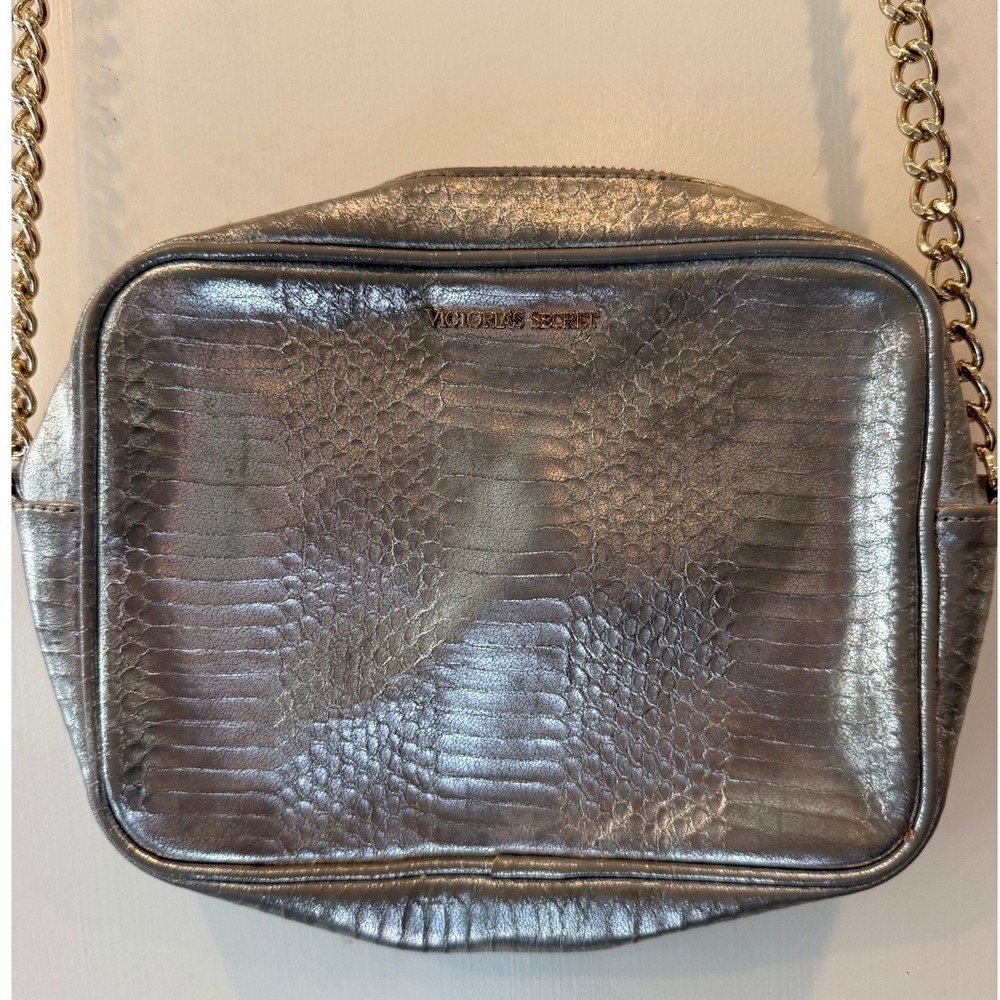 Victoria's Secret Metallic Silver Snakeskin Crossbody Bag Gold Chain Purse